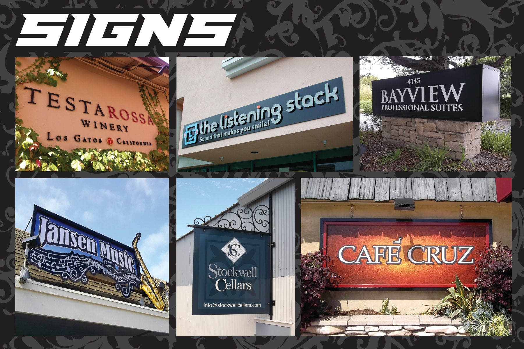 Business signs by The Sign Shop including Testa Rossa Winery, The Listening Stack, Bayview Professional Suites, Jansen Music, Stockwell Cellars, and Café Cruz